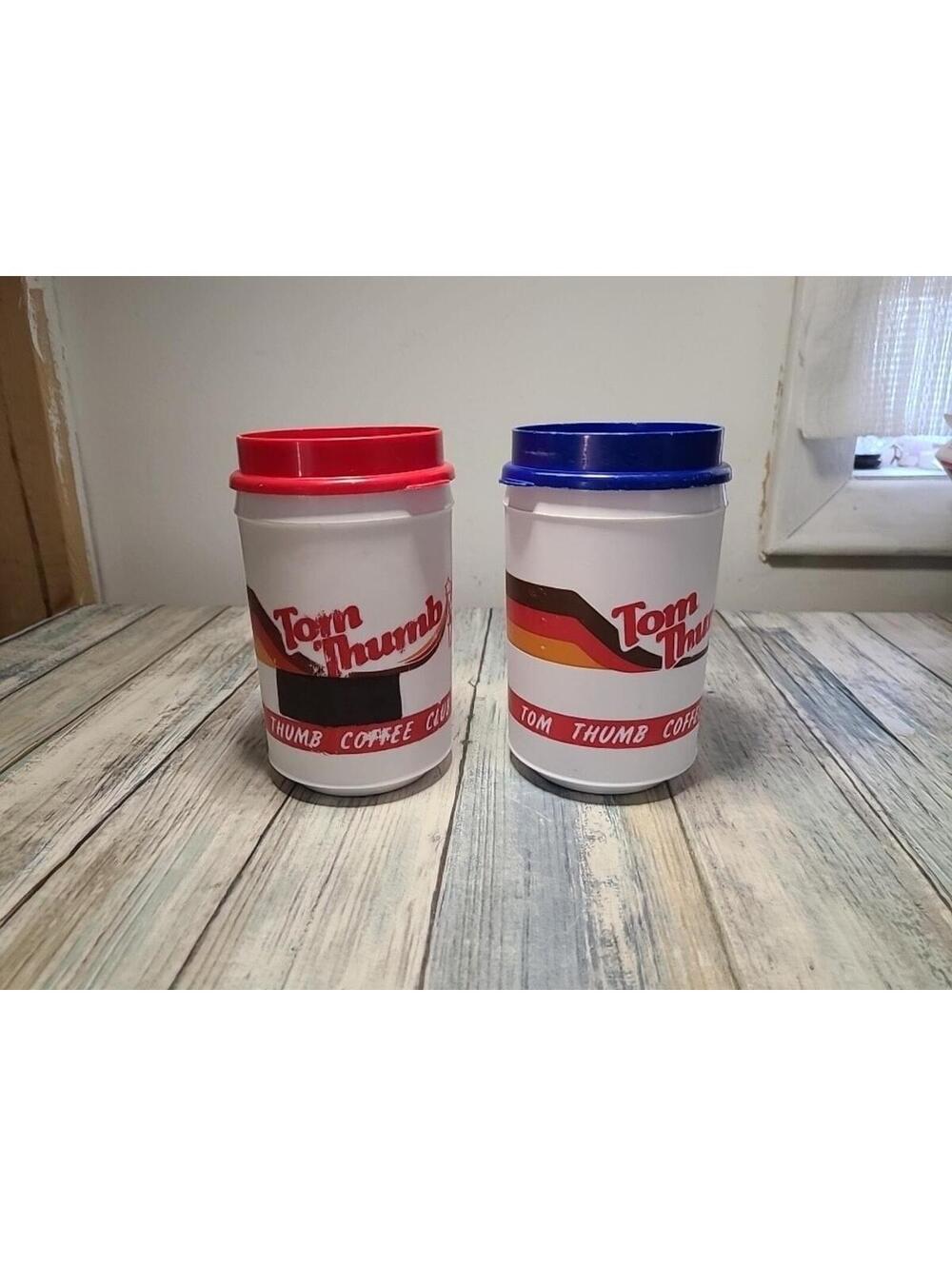 2 Vintage 12 Oz Tom Thumb Coffee Mugs With Blue Lid And Red Lid